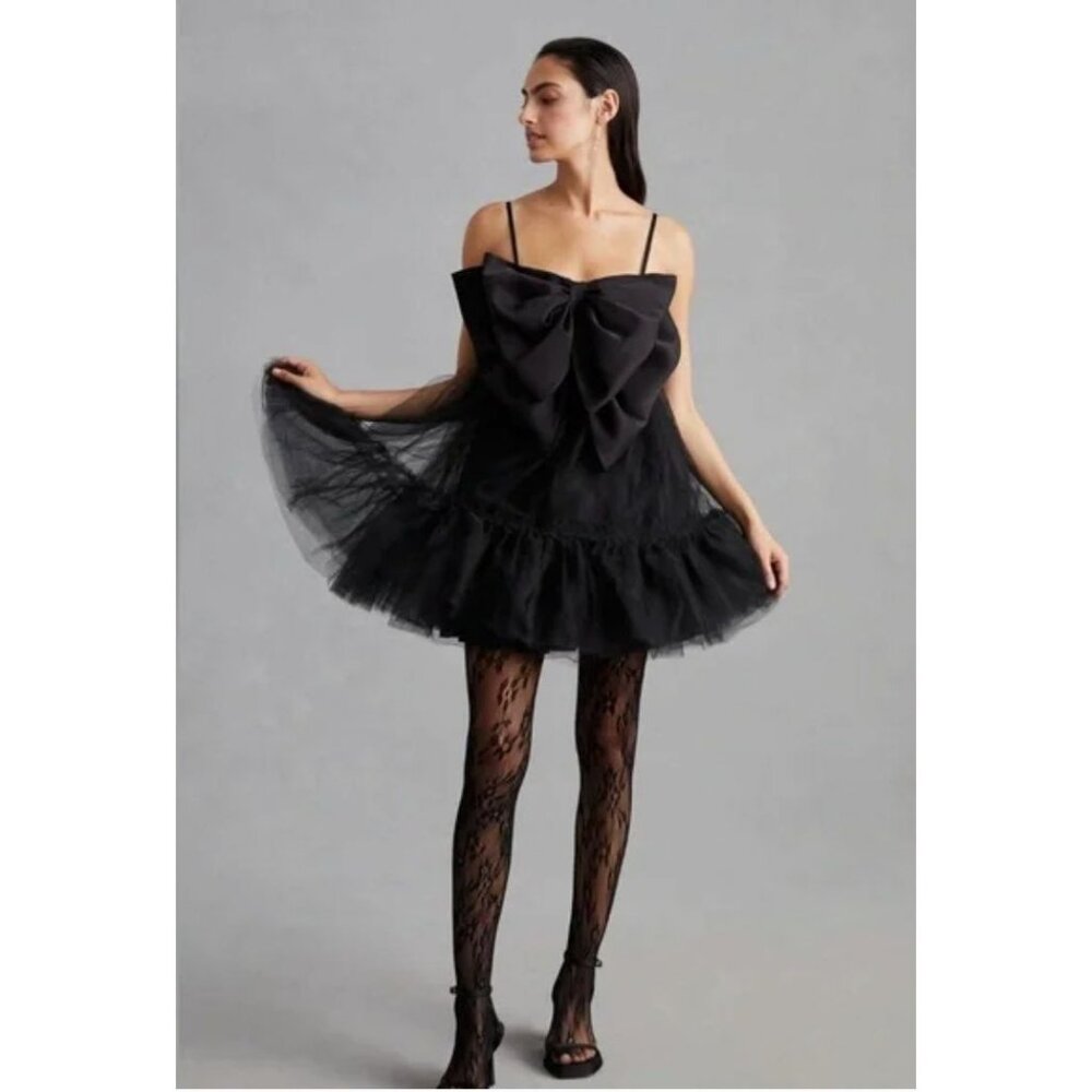 Anthropologie Hutch‎ Take A Bow Tulle Mini Dress 14 Black Cocktail Party Event